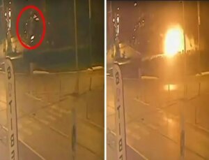 Tank anıtına çarpan otomobil alev aldı! İşte o anlar