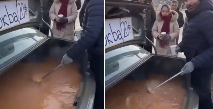 Arabanın bagajında çorba pişirip dağıttı