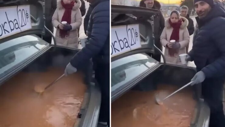 Arabanın bagajında çorba pişirip dağıttı