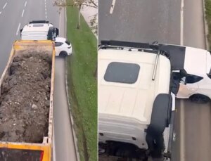 Hafriyat kamyonu, önüne kattığı otomobili 100 metre sürükledi