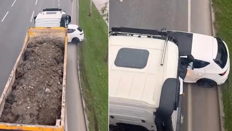 Hafriyat kamyonu, önüne kattığı otomobili 100 metre sürükledi