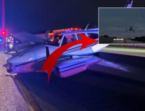 Otoyola iniş yapan uçak otomobilin üzerine düştü