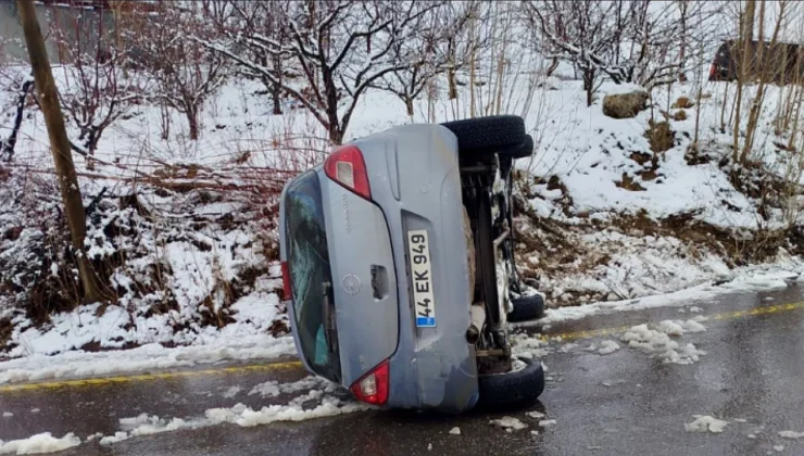 Doğanşehir’de Kar Yolları Kayganlaştırdı: Araç Yan Yattı, Yaralı Yok